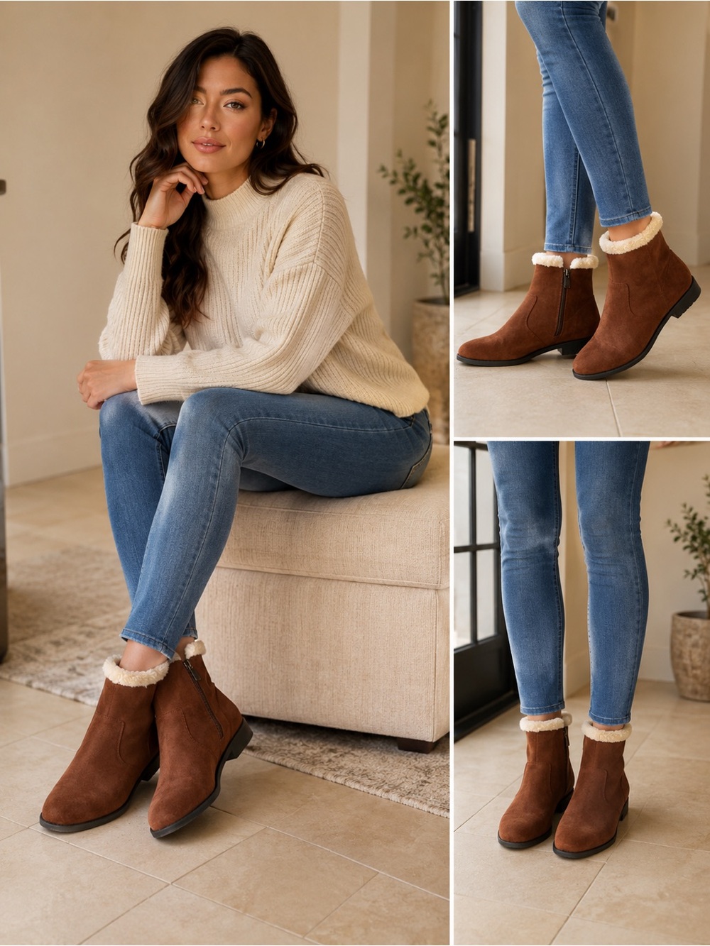 Kenneth Cole Brown Faux-Suede Shearling-Lined Ankle Booties